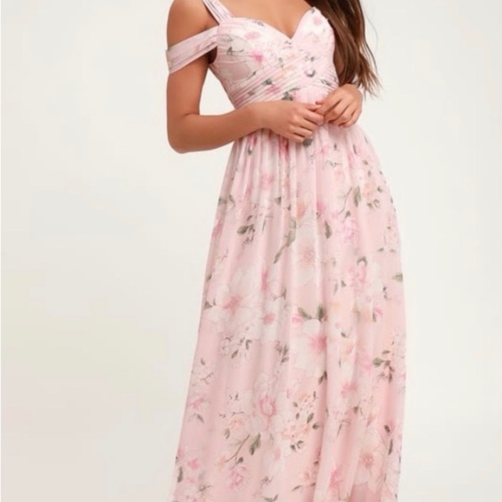 Lulus Light Pink Floral Off Shoulder Maxi‎ Dress Bridesmaid Wedding Guest S